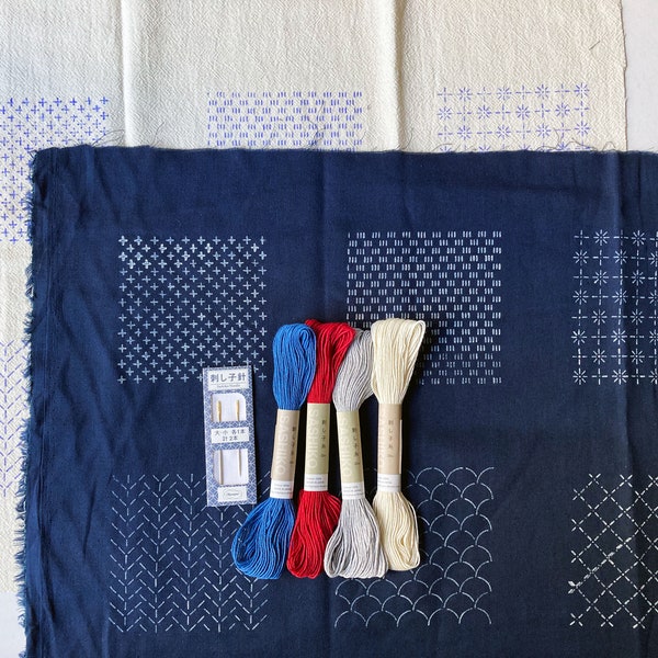 Sashiko Sampler, Japanse borduurset, 6 beginnersontwerpen, keuze uit 4 stofsoorten