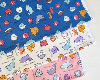Marine Animals - Japanese Cotton Fabric for Sewing, Crafting, Dress, Apron, Bucket Hat, Pouch, Bag