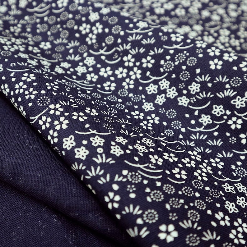 Traditional Japanese Prints on Indigo Japanese Cotton Fabric for Dressmaking, Quilting, Home Decor Mini Floral Yellow