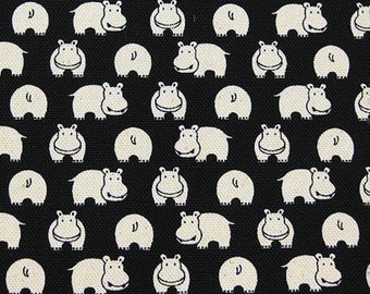 Animal Print Fabric - Japanese Cotton - Hippos on Black - Fat Quarter or Half Yard