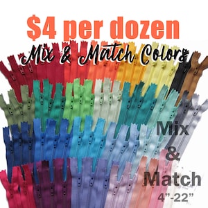 YKK Zippers by the Dozen - Mix and Match from 54 Colors - Nylon Zips for Sewing and Crafting 4" to 22"