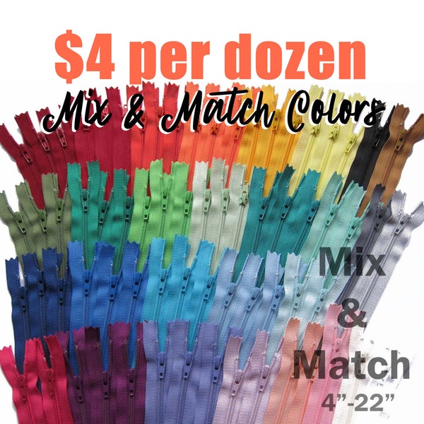 YKK Zippers by the Dozen - Mix and Match from 54 Colors - Nylon Zips for Sewing and Crafting 4" to 22"