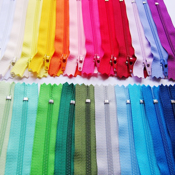 24 Colors Sampler Pack YKK Nylon Zippers - 4" to 22" Zips for Crafting and Sewing