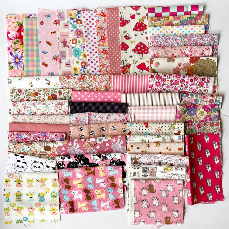 Pink Fabric Scraps Grab Bag Destash Japanese Cotton Fabric, Linen Fabric, Cotton Linen Blend image 1