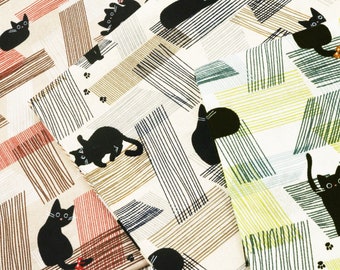 Black Cats and Stripes - Animal Print Fabric - Japanese Cotton - Fat Quarter or Half Yard