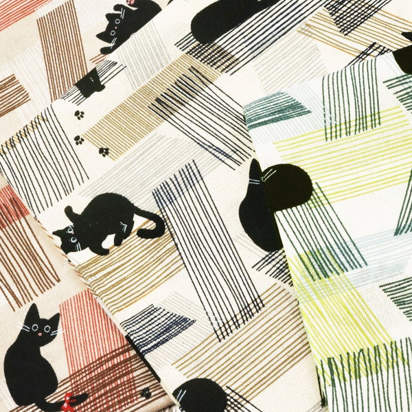 Black Cats and Stripes - Animal Print Fabric on Japanese Cotton for Sewing, Crafting, Quilting