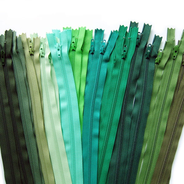 YKK Zippers in Assorted Greens Set of 11 Colors - Nylon Zips in 4" to 22" for Sewing and Crafting