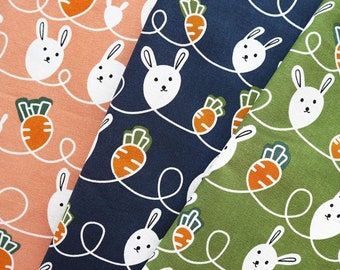 Rabbits and Carrots, Japanese Cotton Fabric for Dresses, Shirts, Aprons, Bucket Hats, Pouches, Bags