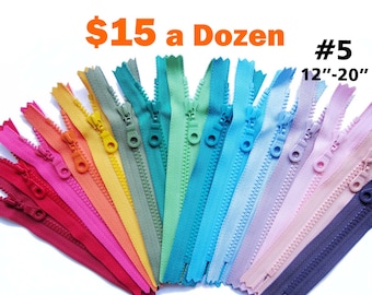 YKK Vislon Zippers, Mix and Match From 23 Colors, No. 5 Zippers 12" to 20" by the Dozen