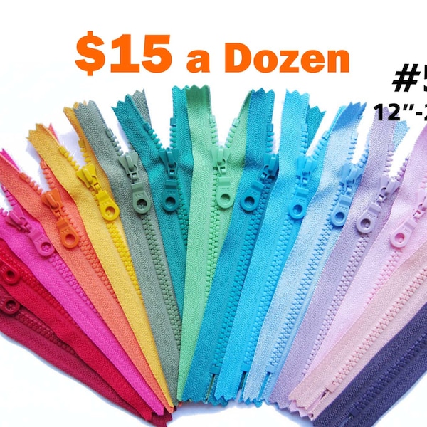 YKK Vislon Zippers, Mix and Match From 23 Colors, No. 5 Zippers 12" to 20" by the Dozen