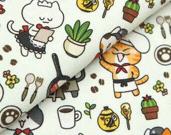 Animal Print Fabric - Japanese Oxford Cotton - Cat Cafe - Fat Quarter or Half Yard