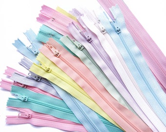 YKK Zippers in Assorted Pastel Colors - Set of 18 Nylon Zips for Sewing and Crafting