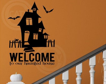 Welcome to Our Haunted House Halloween Holiday Vinyl Wall Decals Stickers Bats Prank Party Home Decor