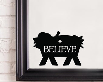 Believe with Baby Jesus in Manger and North Star Decal Wall Sayings Vinyl Lettering Decal Holiday Stickers Christmas Manger