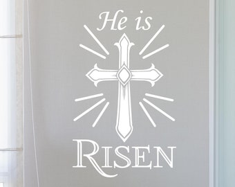 He is Risen with Detailed Cross Easter Wall Decal Vinyl Sticker spring Decals Self Adhesive Peel and Stick spiritual Christ