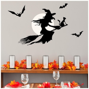 Flying Witch on Broom with Moon and Bats Halloween Holiday Vinyl Wall Decal Sticker Home Decor Art