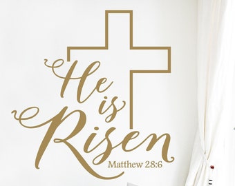 He is Risen Matthew 28:6 with Cross Easter Wall Decal Vinyl Sticker spring Decals Self Adhesive Peel and Stick spiritual Christ