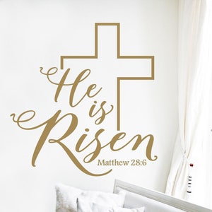 He is Risen Matthew 28:6 with Cross Easter Wall Decal Vinyl Sticker spring Decals Self Adhesive Peel and Stick spiritual Christ image 1