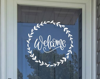 Welcome with wreath vinyl lettering wall decal front door decals stickers welcome sign wall decor