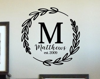 Wreath with Initial and Last Name and Optional Date Vinyl Lettering Wall Decal Wedding Reception Decor Anniversary Decals