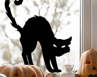 Black Cat (O) Silhouette Decal Sign Bats Halloween Holiday Vinyl Lettering Wall Decal Sticker Home Decor Decals Craft Gift Scary Spooky