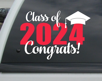 Class of 2024 Congrats! with Graduation Cap School Colors Decal Stickers Removable Vinyl Wall Decals Car Decal Senior Graduate