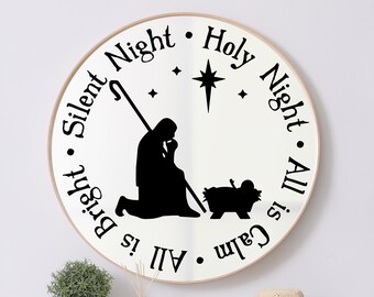 Round Silent Night Holy Night All is Calm All is Bright Nativity baby Jesus decals Christmas Vinyl Wall winter Quote Sticker Saying decal