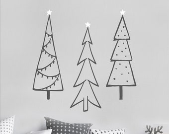 Three Christmas Trees with Stars decals Christmas Vinyl Wall winter Quote Sticker Saying