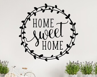 Home Sweet Home with wreath vinyl lettering wall decal front door decals stickers welcome sign wall decor
