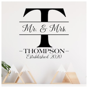 Custom Mr & Mrs Last Name and Established Year Vinyl Lettering Wall Decal Wedding Reception Decor Anniversary Gift Decals image 1