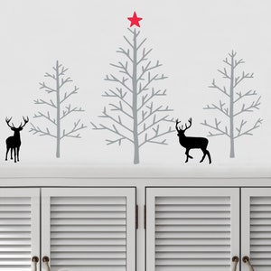 3 Winter Christmas Trees with Star and 2 Deer decal vinyl lettering holiday wall decals stickers self adhesive removable Winter Decor
