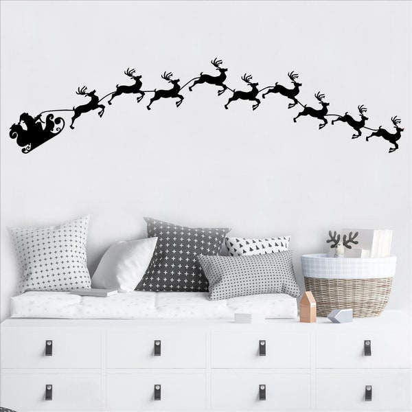 Santa's Sleigh With Reindeer Silhouette Arched Rudolph Christmas Vinyl Wall Decal Christmas Decals Sticker Home Decor Holiday Decals