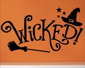Wicked! witch hat and broom  decals Halloween Holiday Vinyl Lettering Wall Decal Sticker Home Decor Decals Craft Gift Bats
