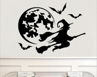 Witch Moon and Bats Halloween Sign Holiday Vinyl Lettering Wall Decal Sticker Decals Craft Gift Bats