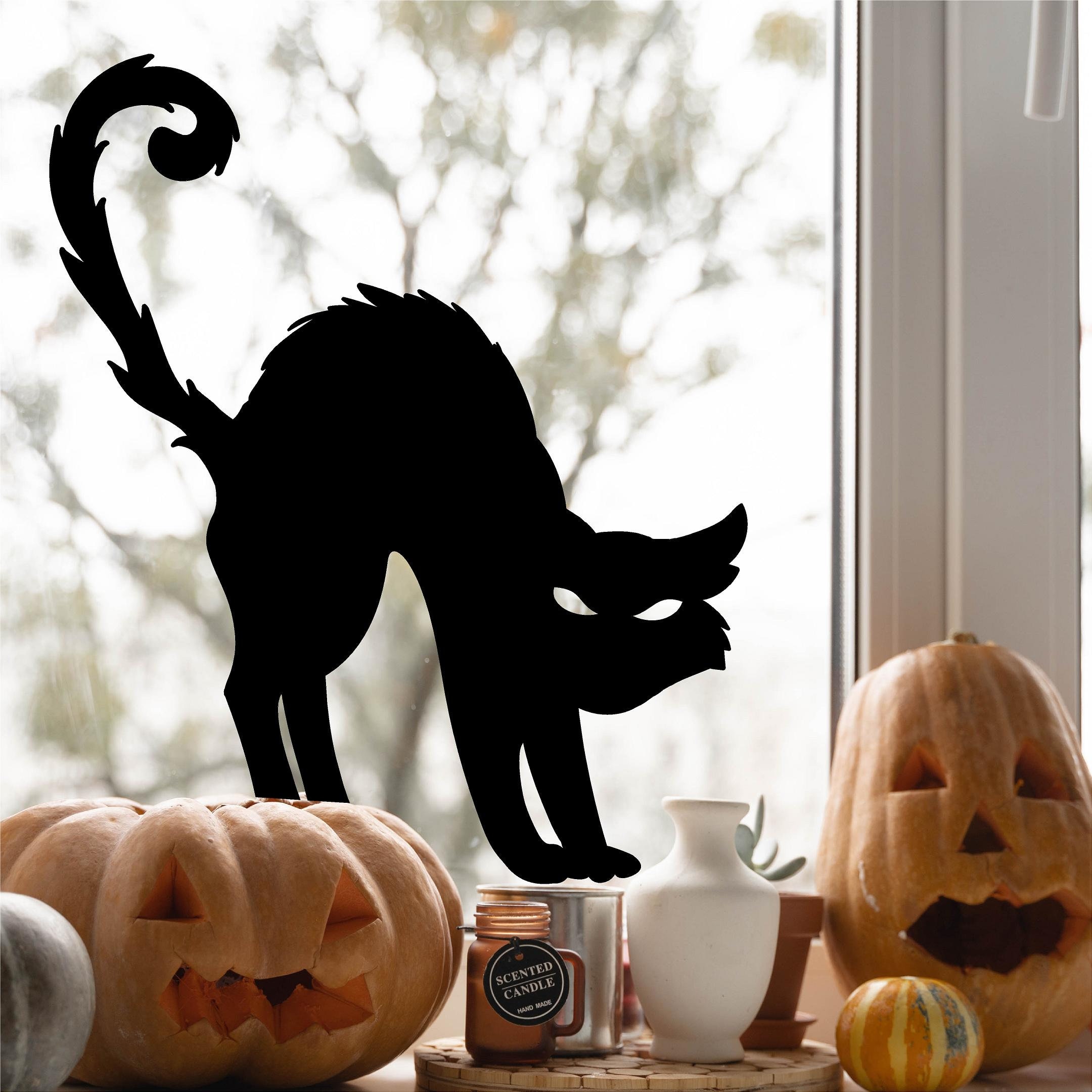 Black Cat (O) Silhouette Decal Sign Bats Halloween Holiday Vinyl ...