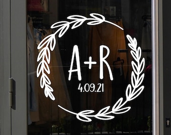 Wreath with Initials and wedding date Vinyl Lettering Wall Decal Wedding Reception Decor Anniversary Decals