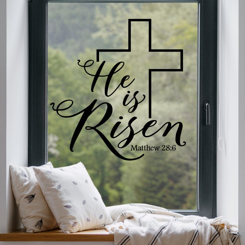 He is Risen Matthew 28:6 with Cross Easter Wall Decal Vinyl Sticker spring Decals Self Adhesive Peel and Stick spiritual Christ image 2