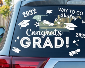 Congrats Grad! Custom Name, Graduation Caps, Scrolls, Stars and Year Sticker Vinyl Wall Decals Car Decal Senior Graduate laptop sticker 2024