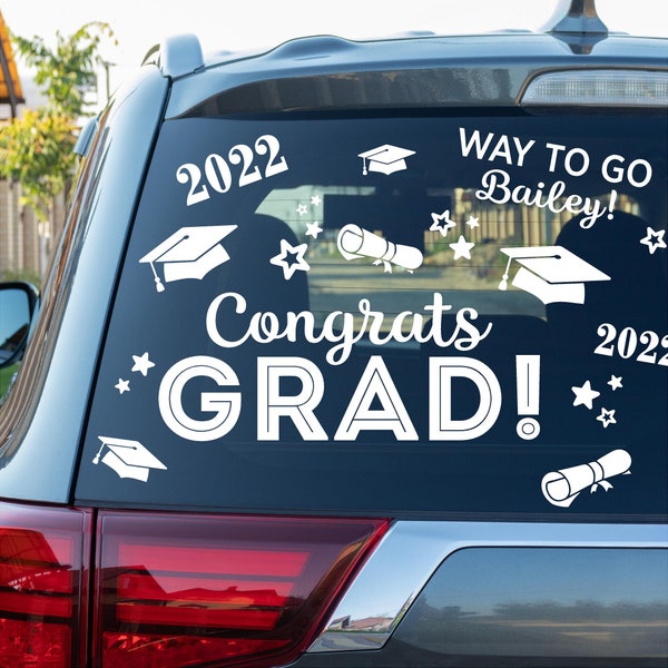 Congrats Grad! Custom Name, Graduation Caps, Scrolls, Stars and Year Sticker Vinyl Wall Decals Car Decal Senior Graduate laptop sticker 2024