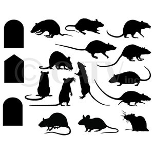 May include: Silhouettes of 12 rats in various poses, including standing, sitting, and running. The rats are all black and are set against a white background.