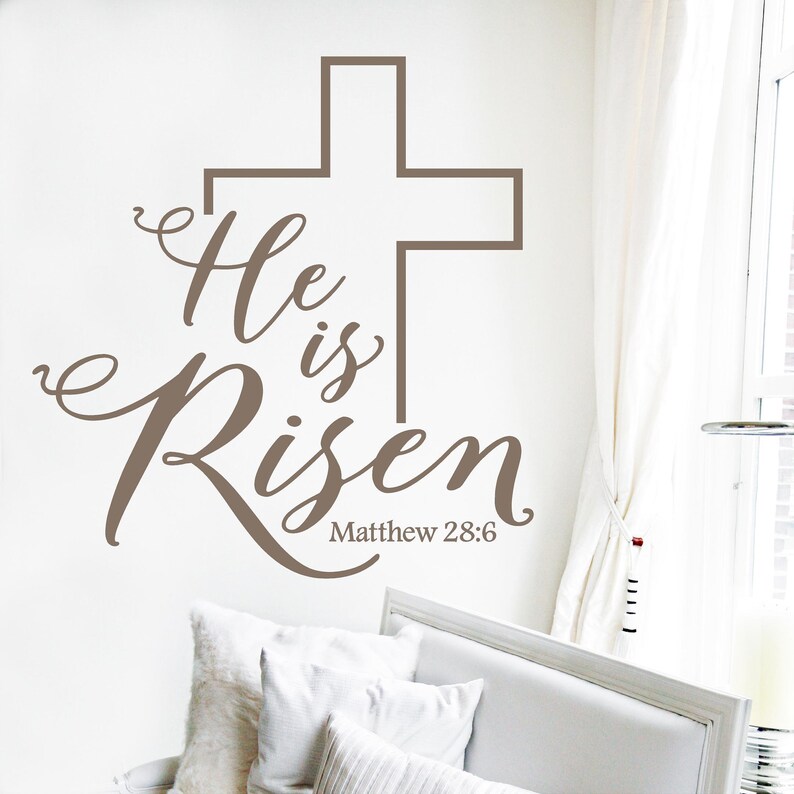 He is Risen Matthew 28:6 with Cross Easter Wall Decal Vinyl Sticker spring Decals Self Adhesive Peel and Stick spiritual Christ image 3