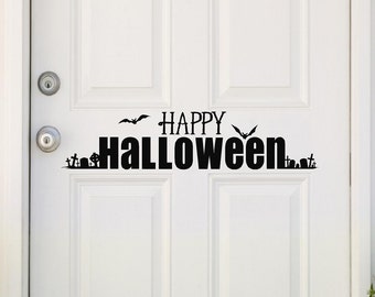Happy Halloween with Graveyard October Holiday Vinyl Lettering Wall Decal Sticker Home Decor Craft Gift DIY Bats