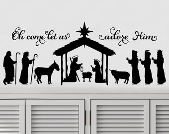 Oh come let us adore Him Nativity Scene Christmas Decals Holiday Vinyl Wall Decal Sticker Home Decor