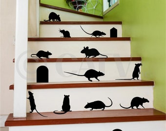 Rats (Mice) with Mouse Door Holes Halloween Decor Holiday Vinyl Wall Decals Sticker Home Decor Spooky Funny Prank