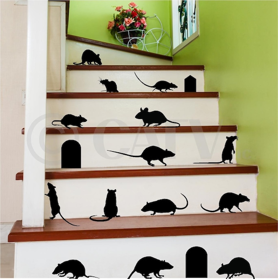 Rats (Mice) with Mouse Door Holes Halloween Decor Vinyl Wall Decals Sticker Spooky Funny Prank