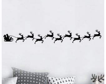 Santa's Sleigh With Reindeer Silhouette Rudolph Christmas Vinyl Wall Decal Christmas Decals Sticker Home Decor Holiday Decals