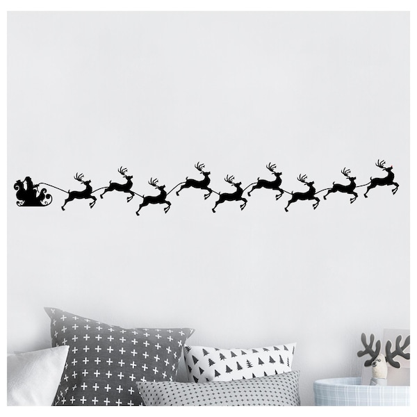 Santa's Sleigh With Reindeer Silhouette Rudolph Christmas Vinyl Wall Decal Christmas Decals Sticker Home Decor Holiday Decals