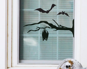 Hanging bat on branch with flying bats Halloween Sign Holiday Vinyl Lettering Wall Decal Sticker Decals Craft Gift Bats