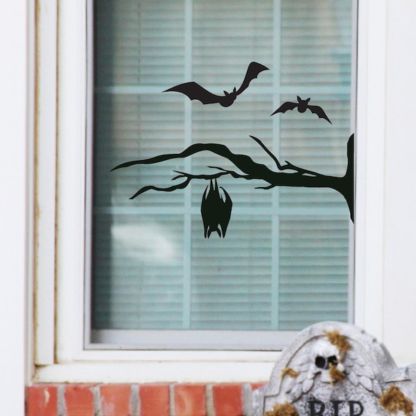 Hanging bat on branch with flying bats Halloween Sign Holiday Vinyl Lettering Wall Decal Sticker Decals Craft Gift Bats