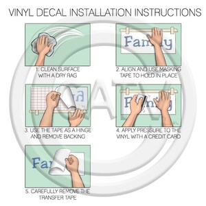 May include: Illustrated instructions for vinyl decal installation. Steps include cleaning the surface, aligning with tape, removing backing, applying pressure with a credit card, and removing transfer tape. The word "Family" is featured.